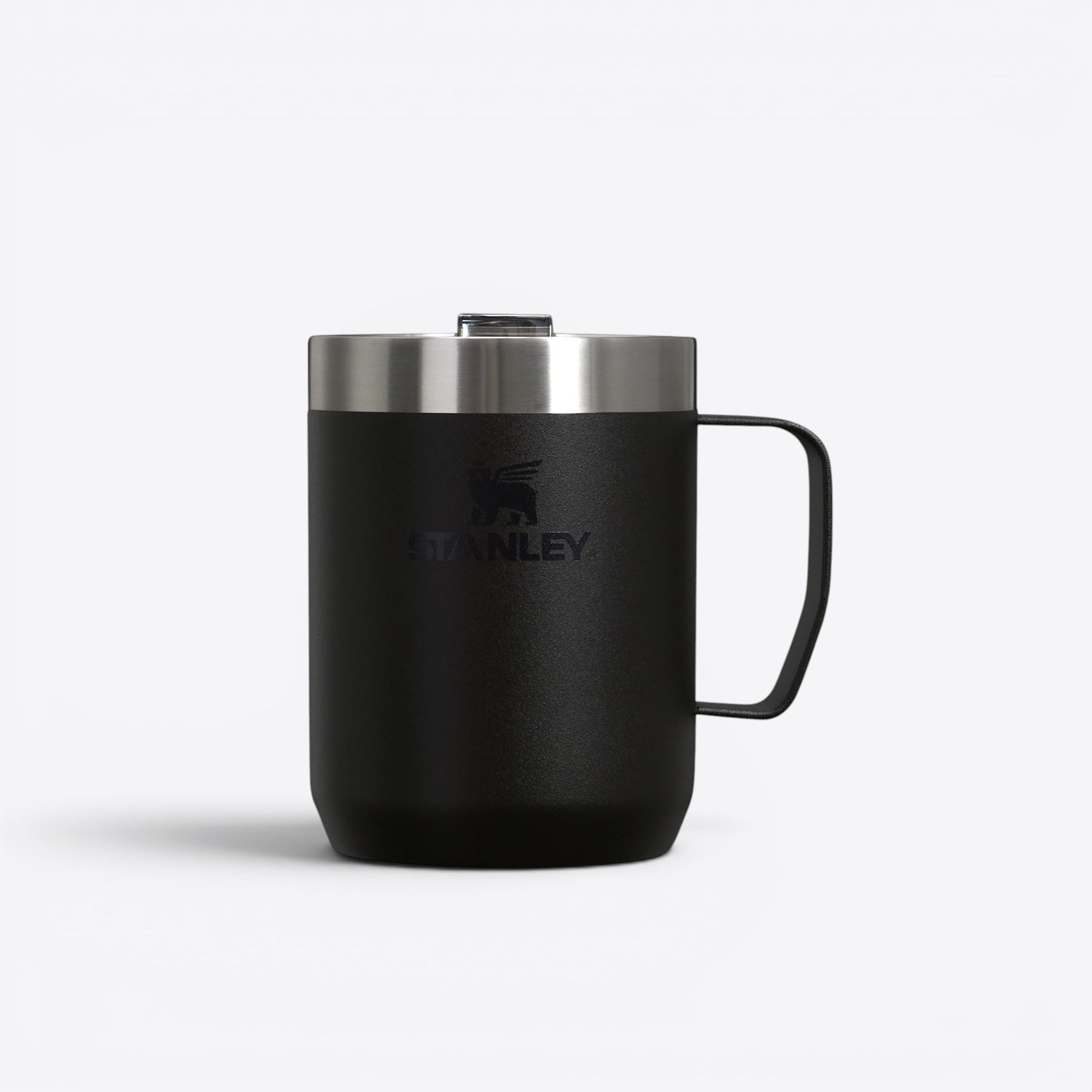 TODAY MERCH black insulated Stanley mug with stainless steel lid and handle, ideal for hot or cold beverages.