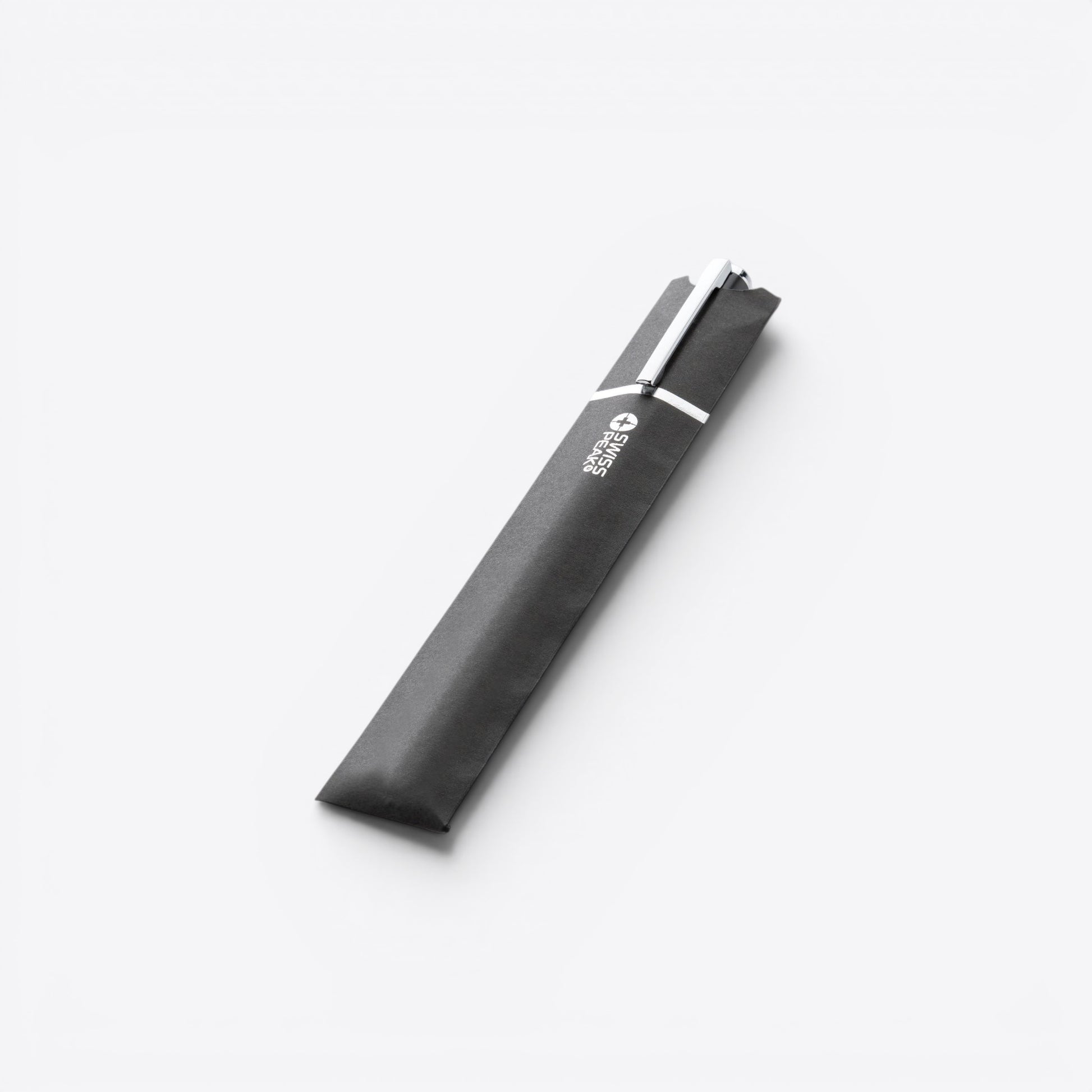 TODAY MERCH blue Swiss Peak pen in a black sleeve, featuring a silver clip and minimalist design.
