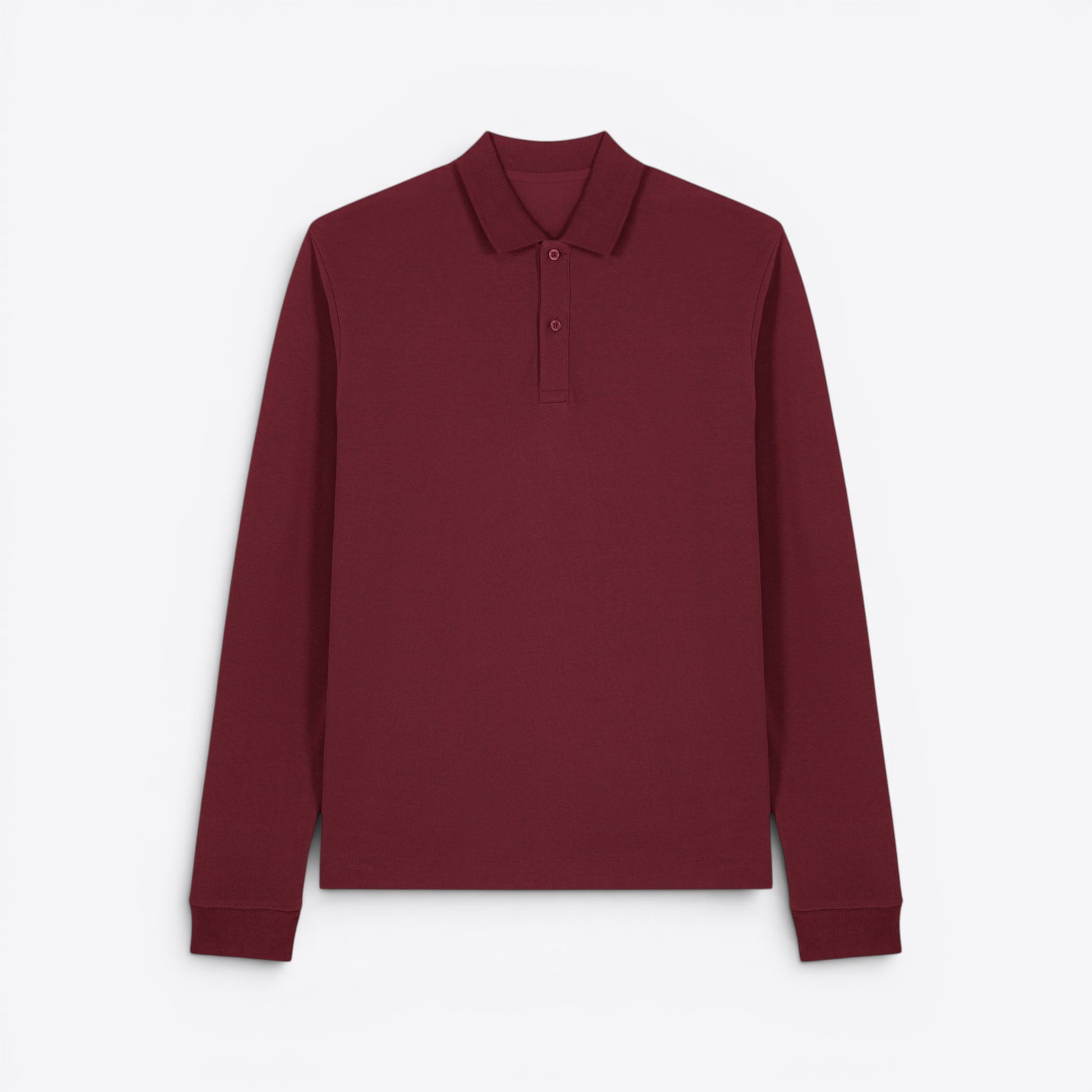 TODAY MERCH unisex premium long-sleeve polo shirt in burgundy, made from 100% organic cotton with a structured design and button placket.