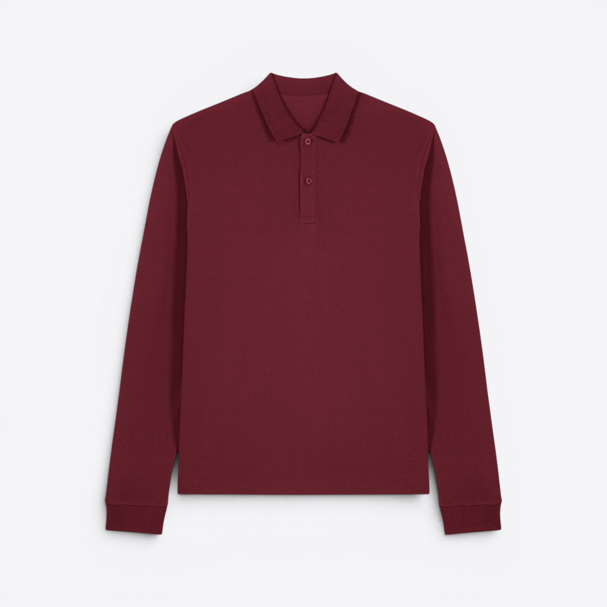 TODAY MERCH unisex premium long-sleeve polo shirt in burgundy, made from 100% organic cotton with a structured design and button placket.