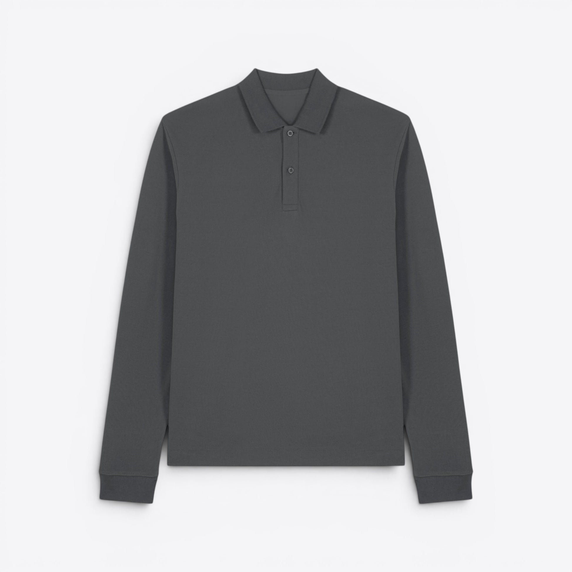 TODAY MERCH charcoal grey long-sleeve unisex premium polo shirt made from 100% organic cotton with a structured design and two-button placket.