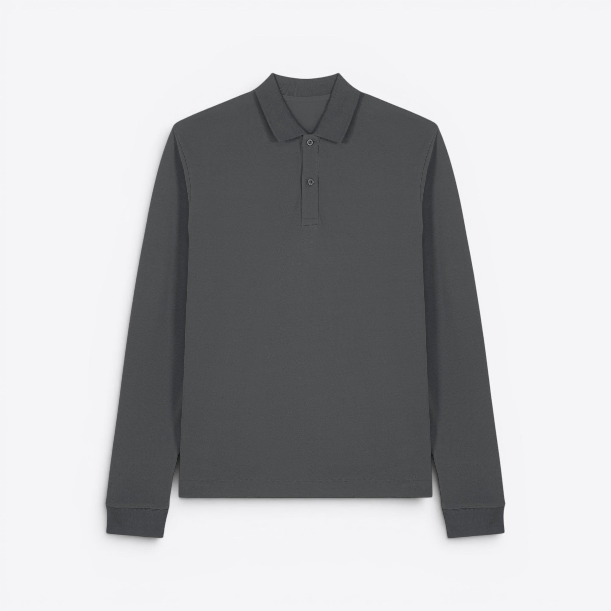 TODAY MERCH charcoal grey long-sleeve unisex premium polo shirt made from 100% organic cotton with a structured design and two-button placket.
