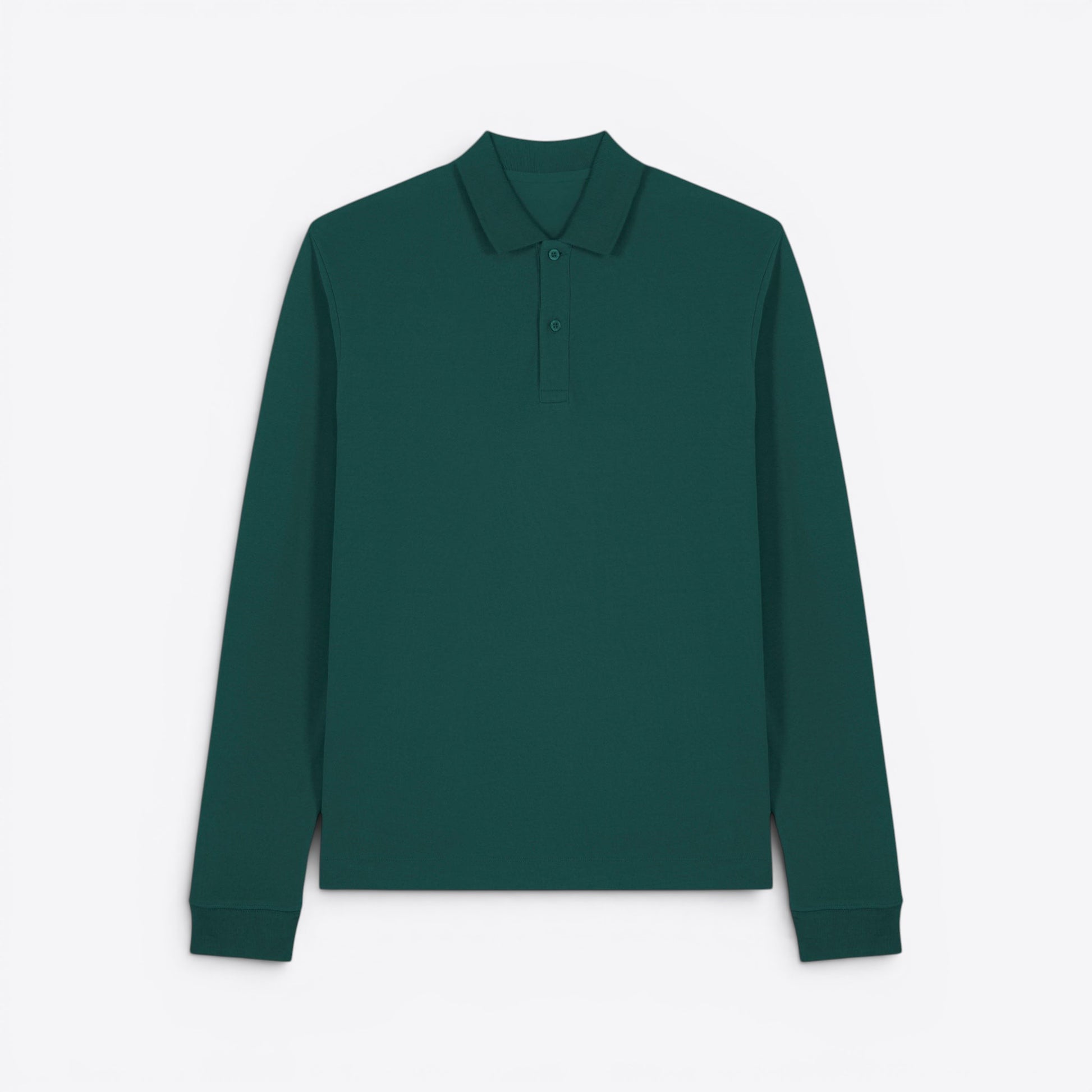 TODAY MERCH unisex premium long-sleeve polo shirt in dark green, made from 100% organic cotton.