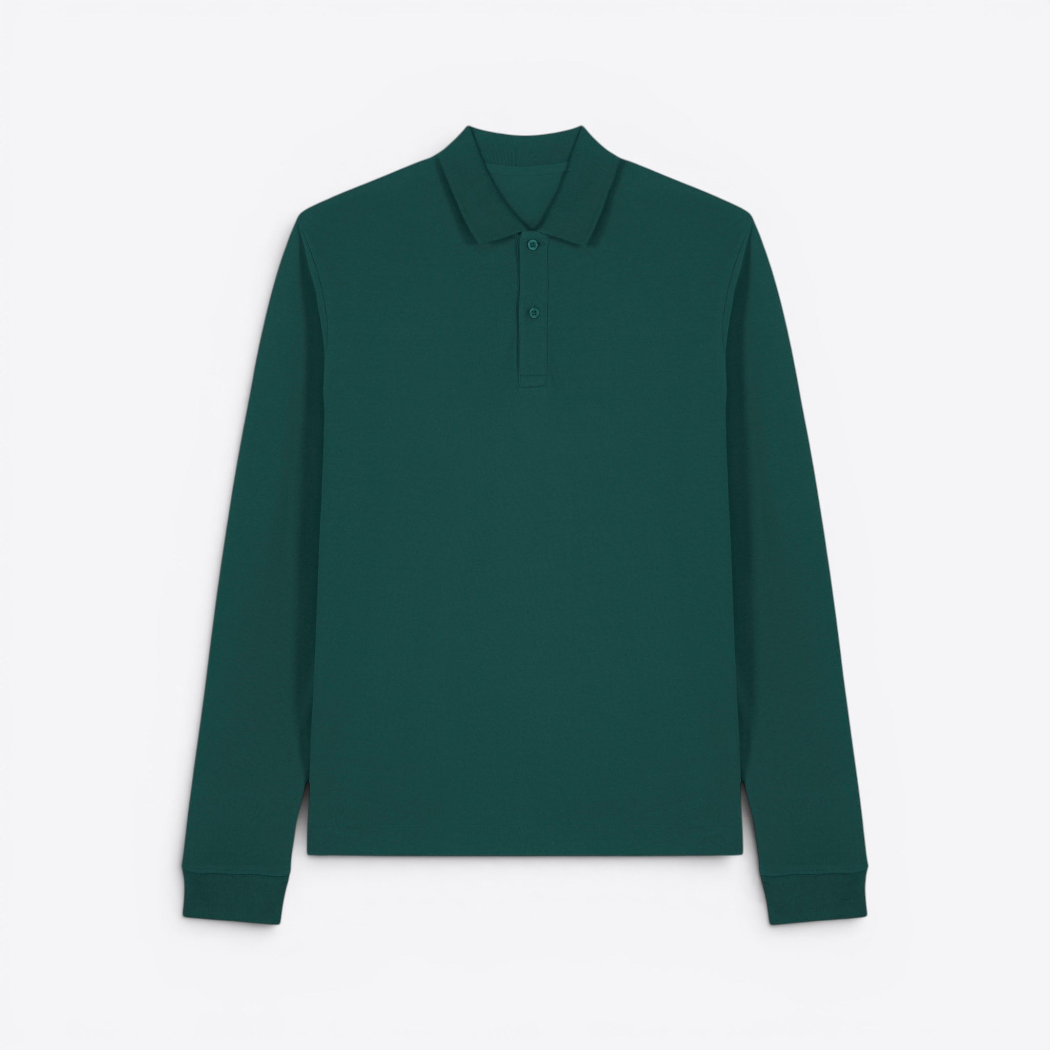 TODAY MERCH unisex premium long-sleeve polo shirt in dark green, made from 100% organic cotton.