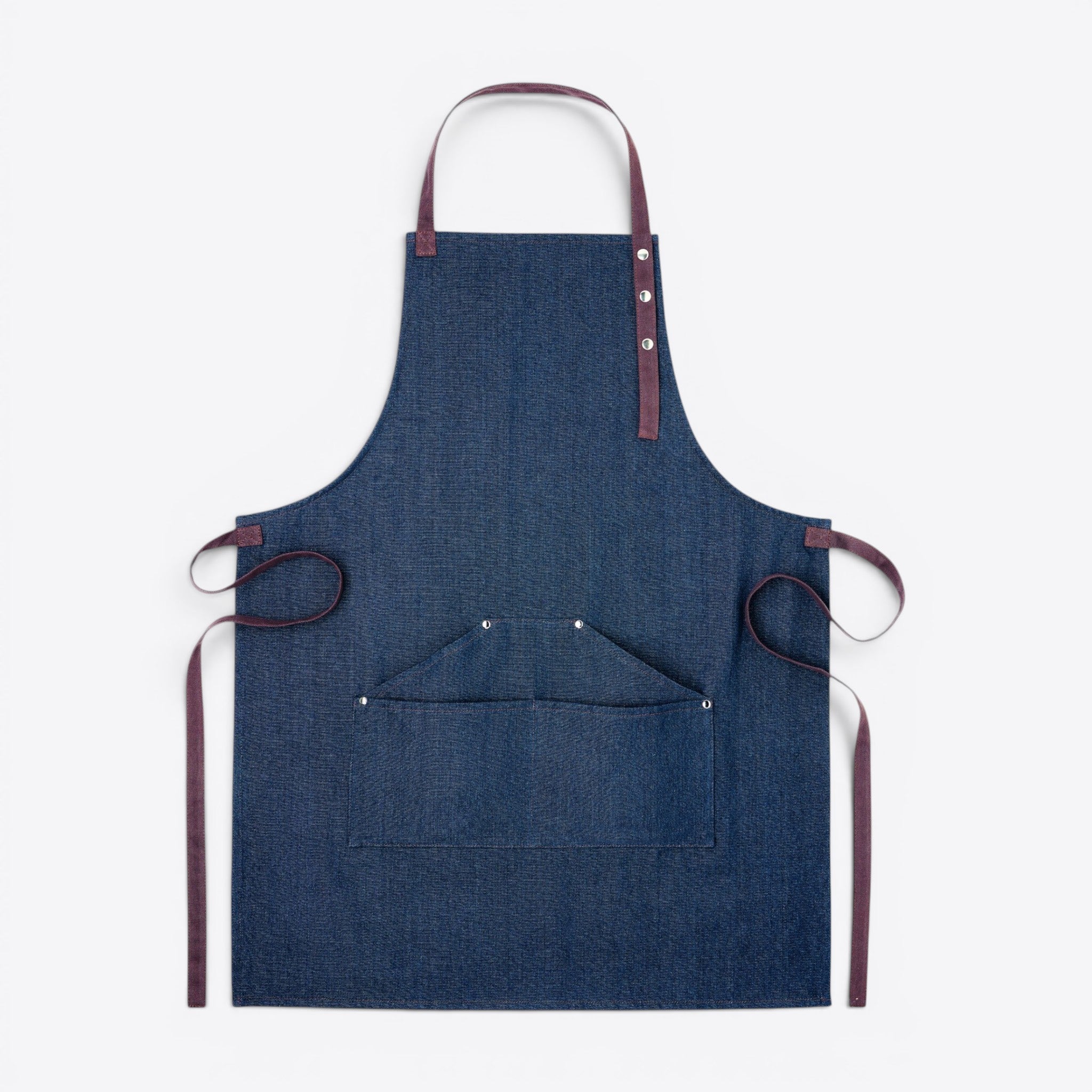 TODAY MERCH unisex dark blue denim apron with burgundy straps and three front pockets.