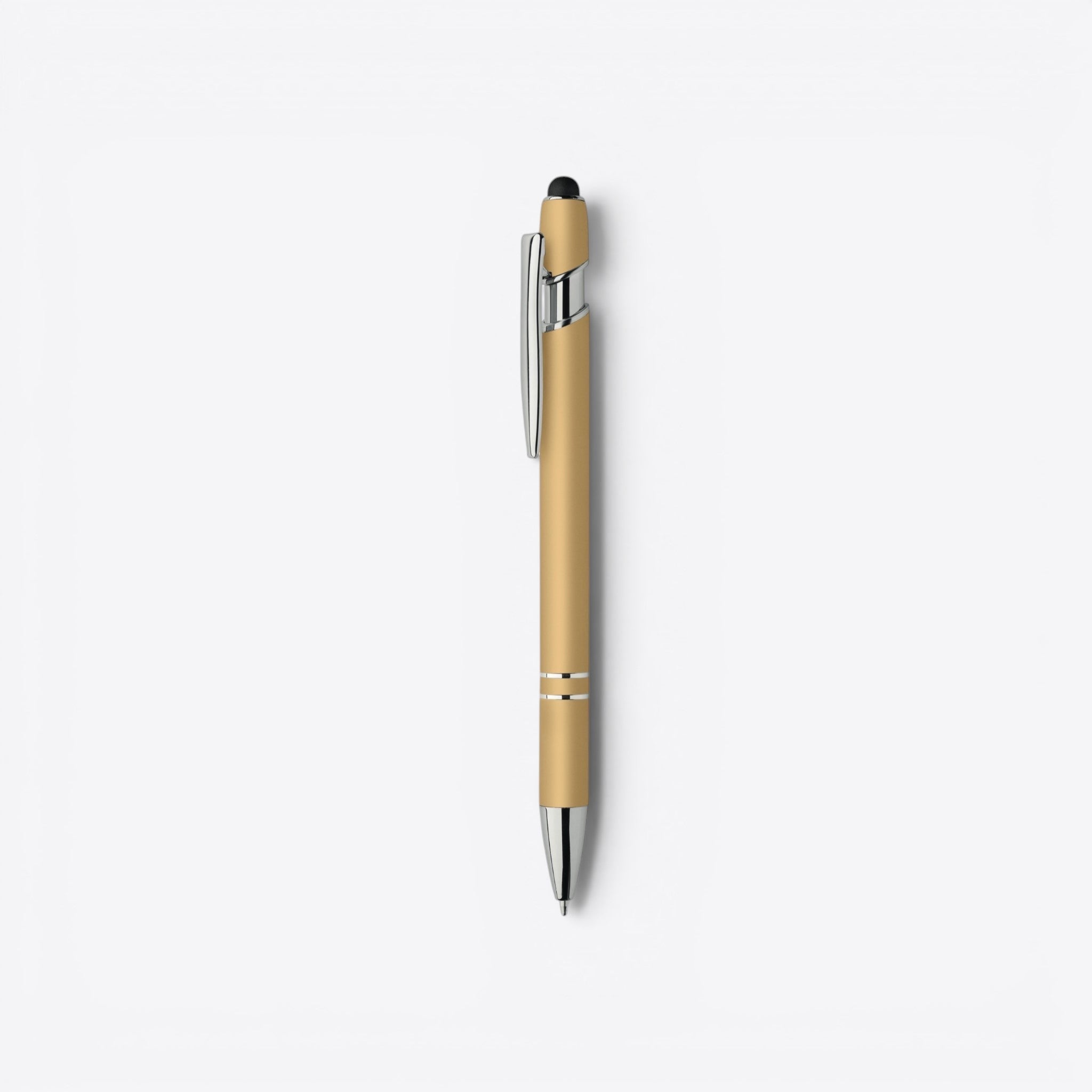 TODAY MERCH classic ballpoint pen in matte gold with silver clip and two silver bands near the tip.