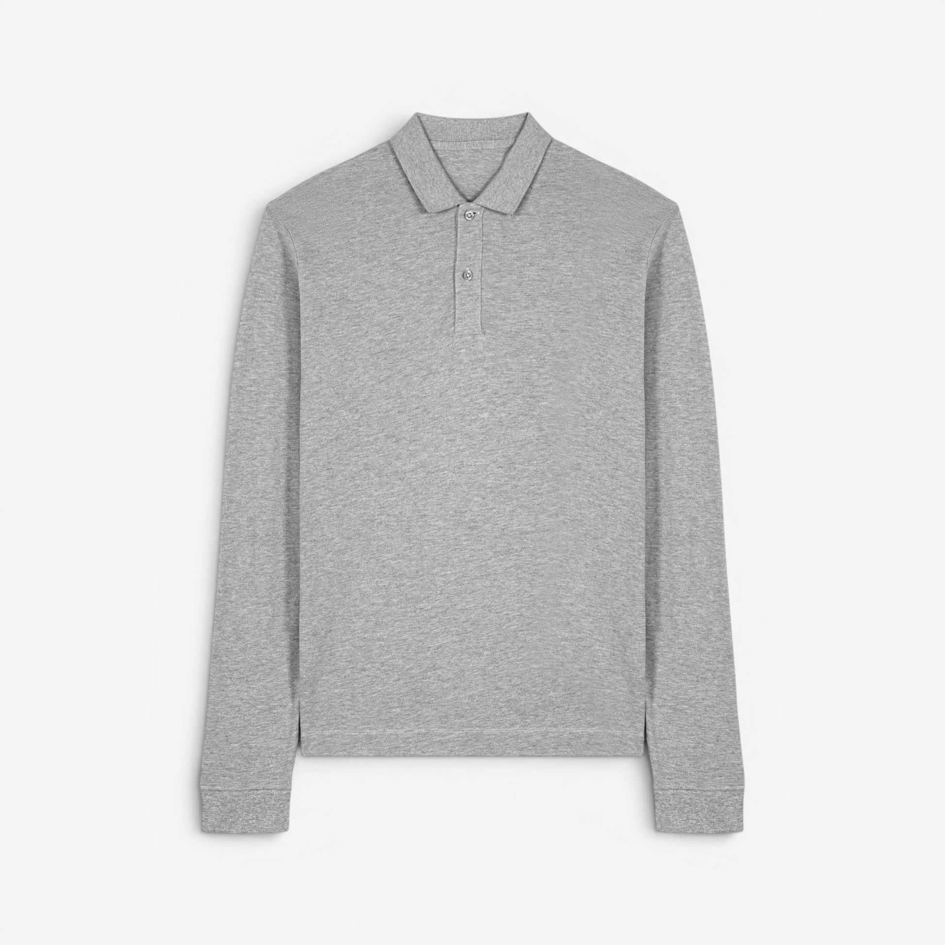 TODAY MERCH grey long-sleeve unisex organic cotton polo shirt with a structured design and two-button placket.