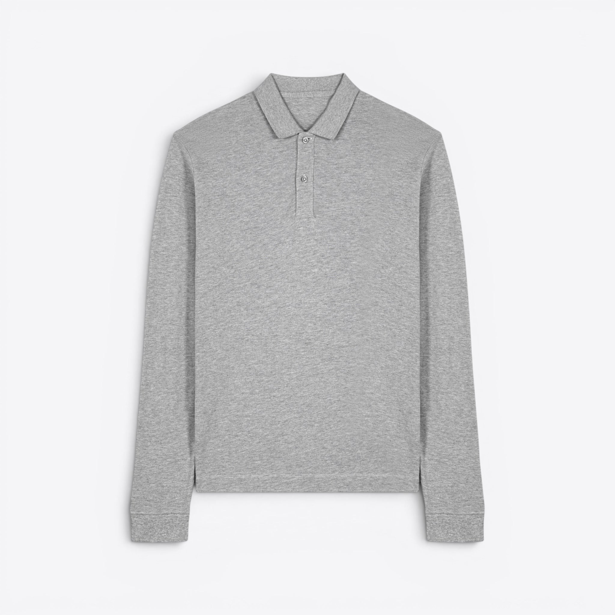 TODAY MERCH grey long-sleeve unisex organic cotton polo shirt with a structured design and two-button placket.