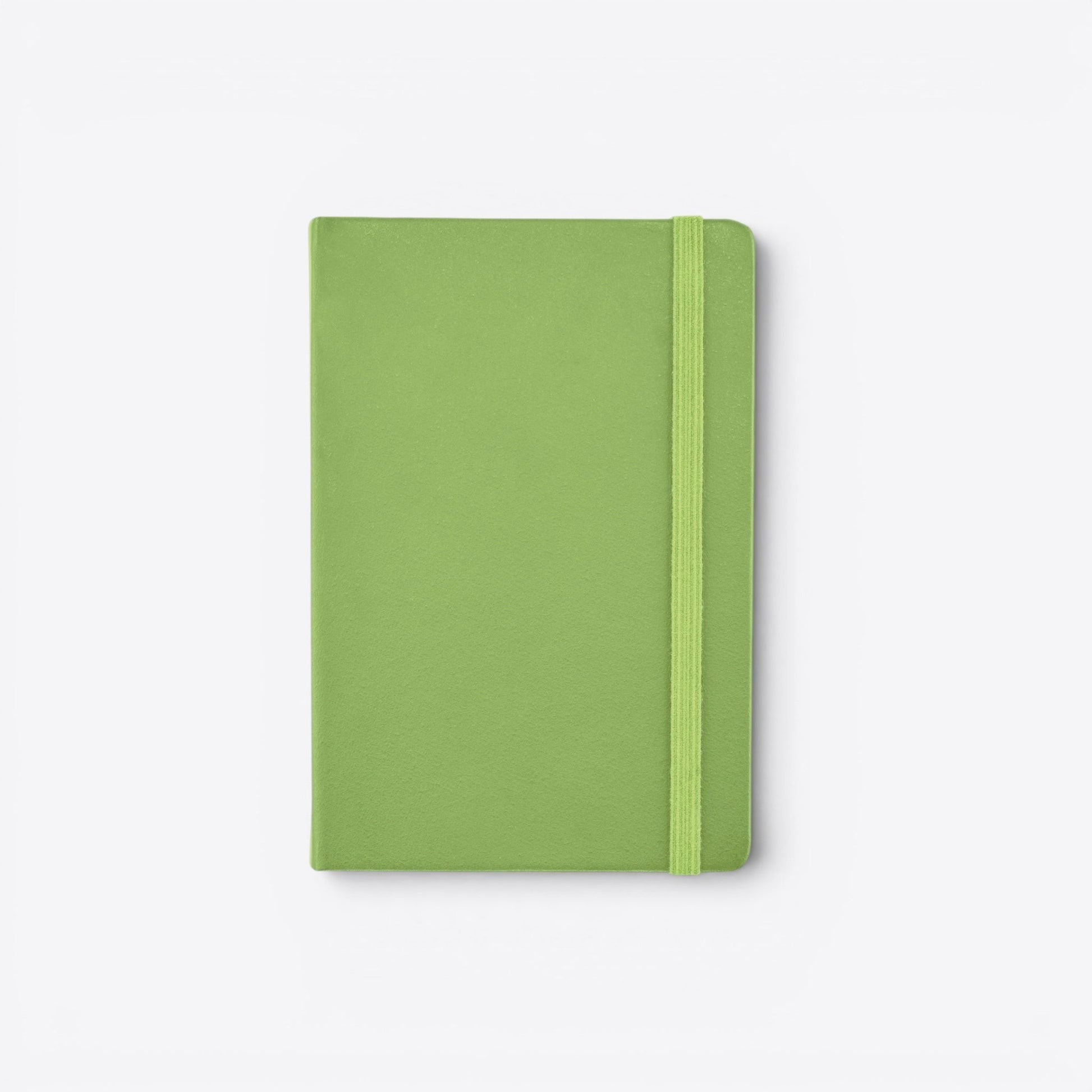 TODAY MERCH lime green notebook with integrated pen holder and elastic closure.