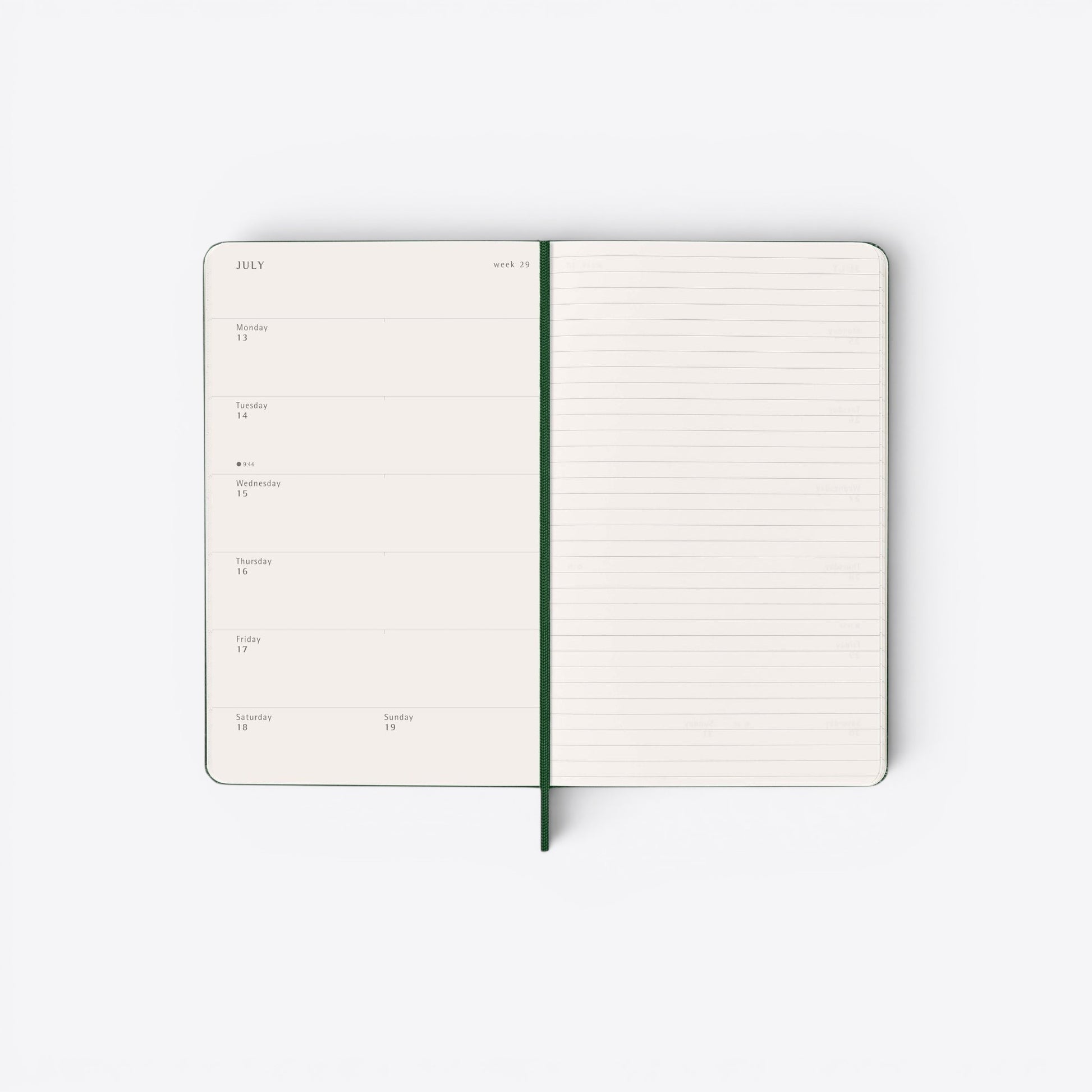 TODAY MERCH Moleskine weekly planner agenda, open to July week 29, with lined pages for notes and daily schedule layout.