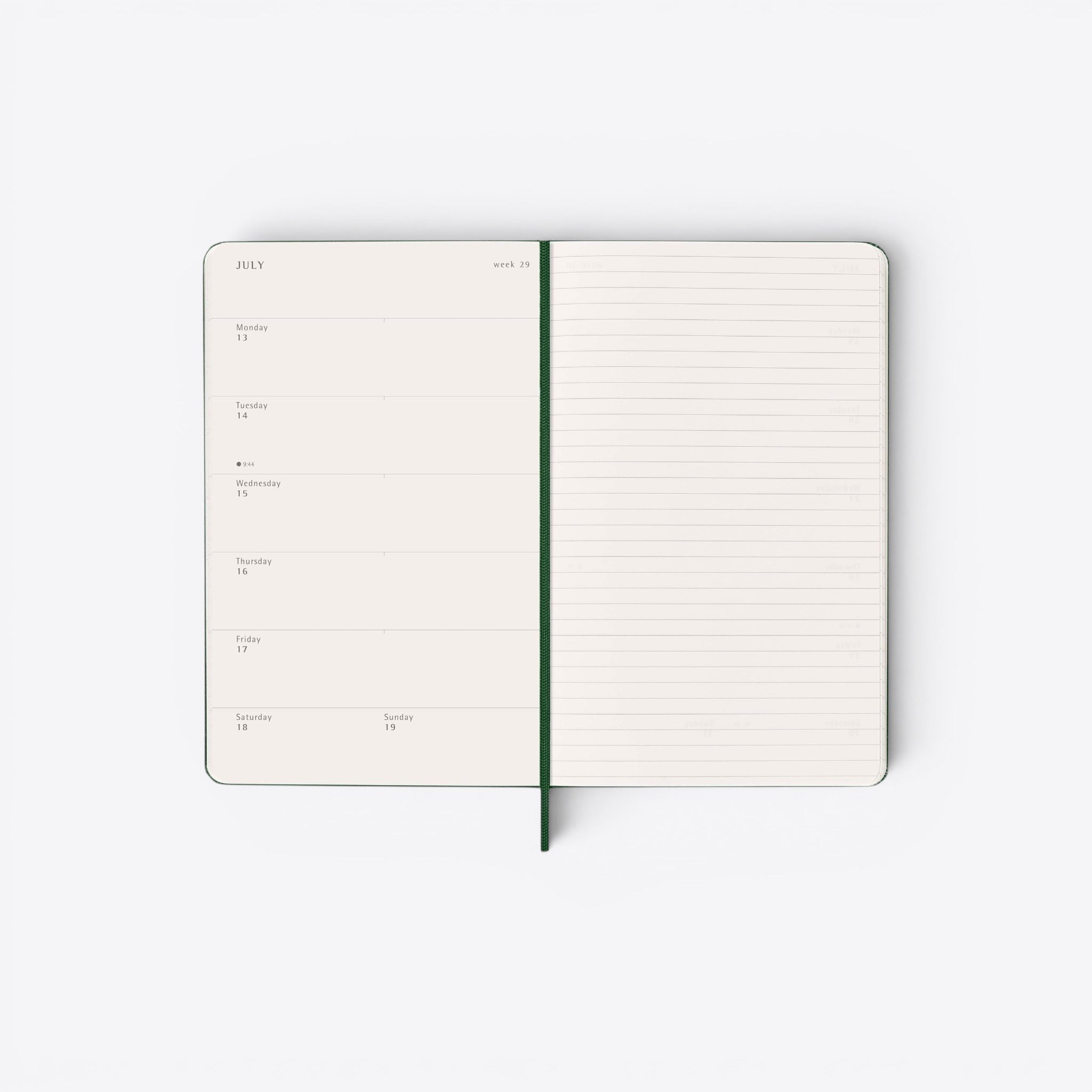 TODAY MERCH Moleskine weekly planner agenda, open to July week 29, with lined pages for notes and daily schedule layout.