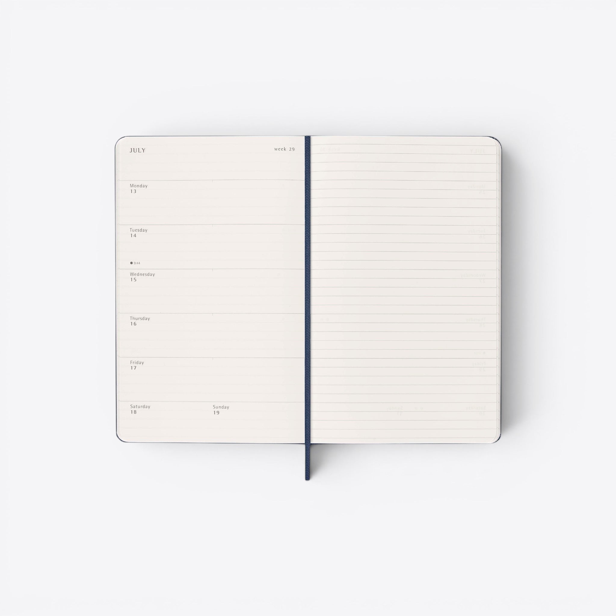 TODAY MERCH Moleskine weekly planner open to July, week 29, with lined pages and a blue ribbon bookmark.