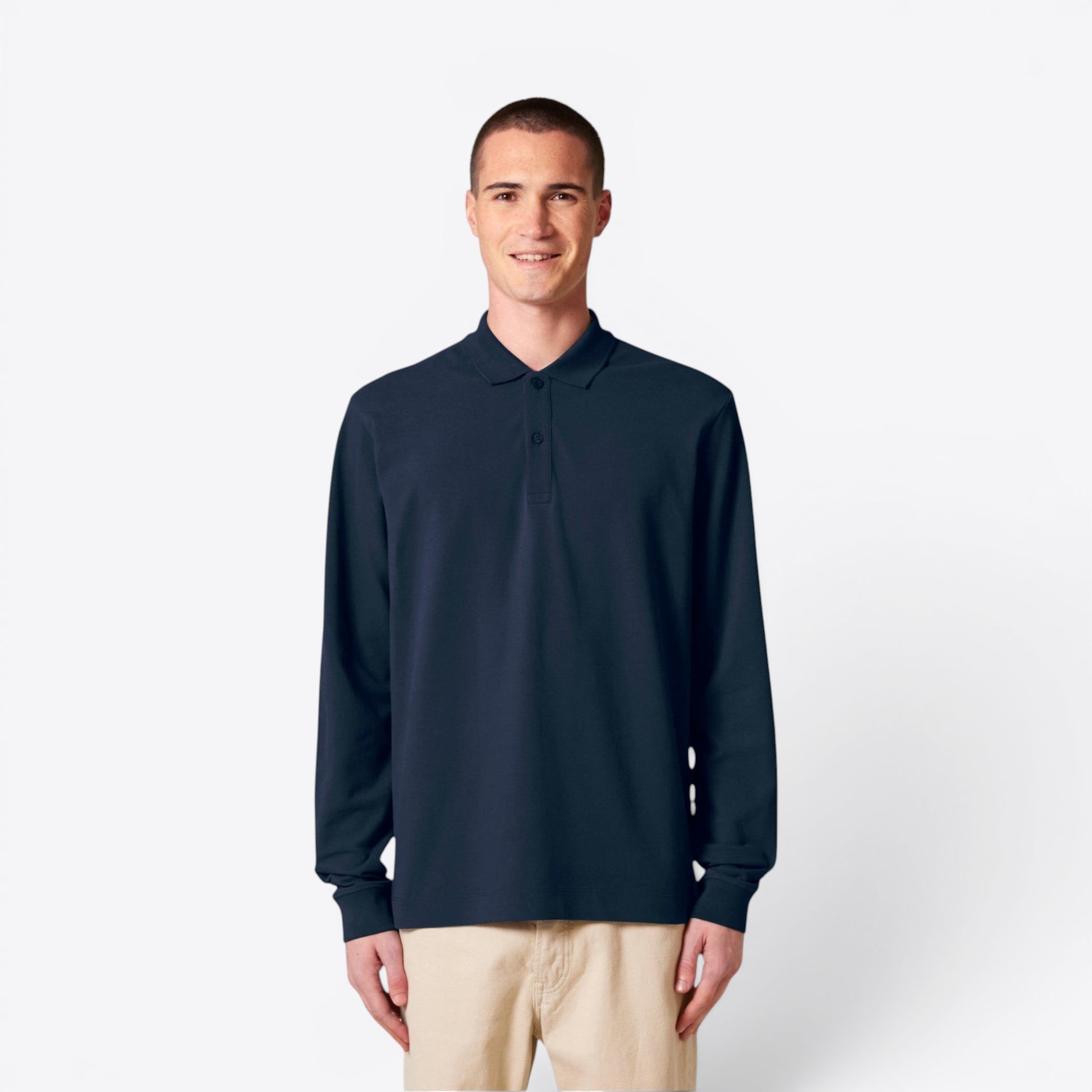 TODAY MERCH navy blue long sleeve unisex premium polo shirt made from 100% organic cotton.