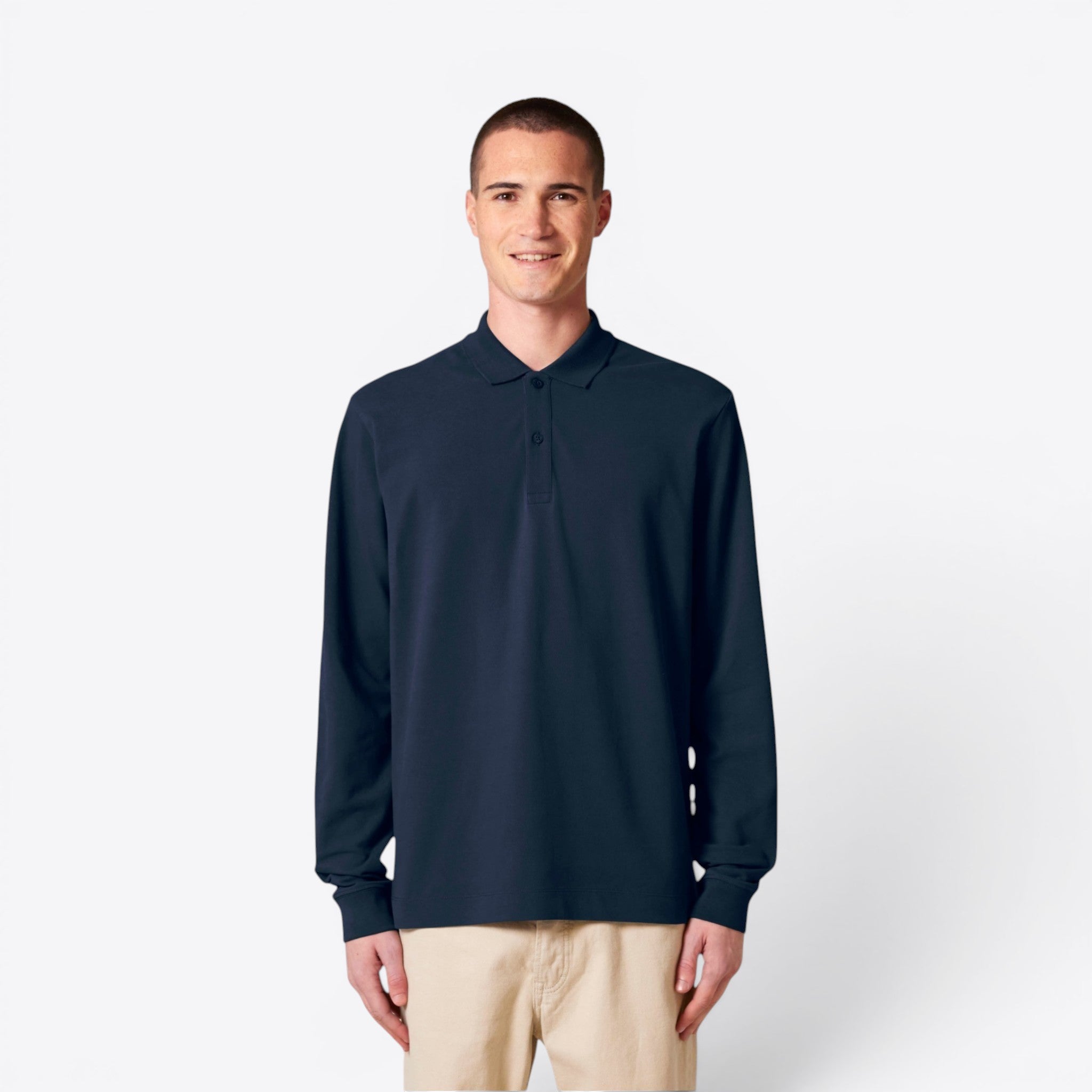 TODAY MERCH navy blue long sleeve unisex premium polo shirt made from 100% organic cotton.