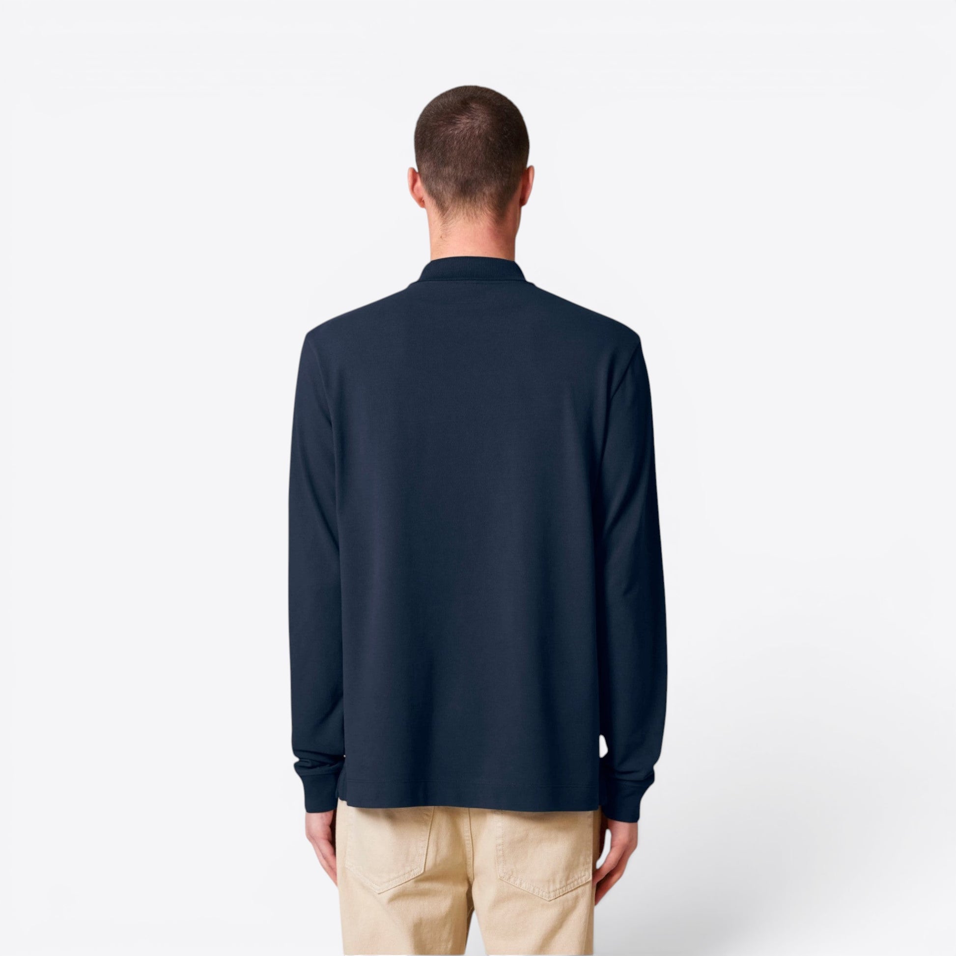TODAY MERCH navy blue long-sleeve unisex premium polo shirt made from 100% organic cotton.