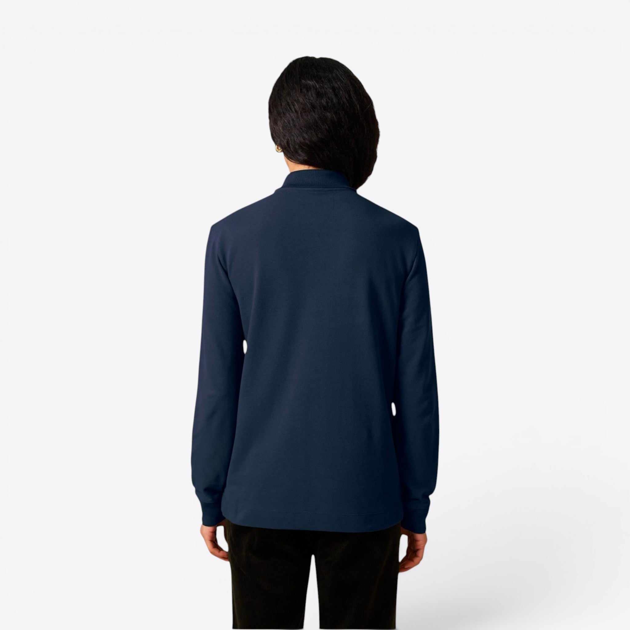 TODAY MERCH navy blue long-sleeve unisex premium polo shirt made from 100% organic cotton.