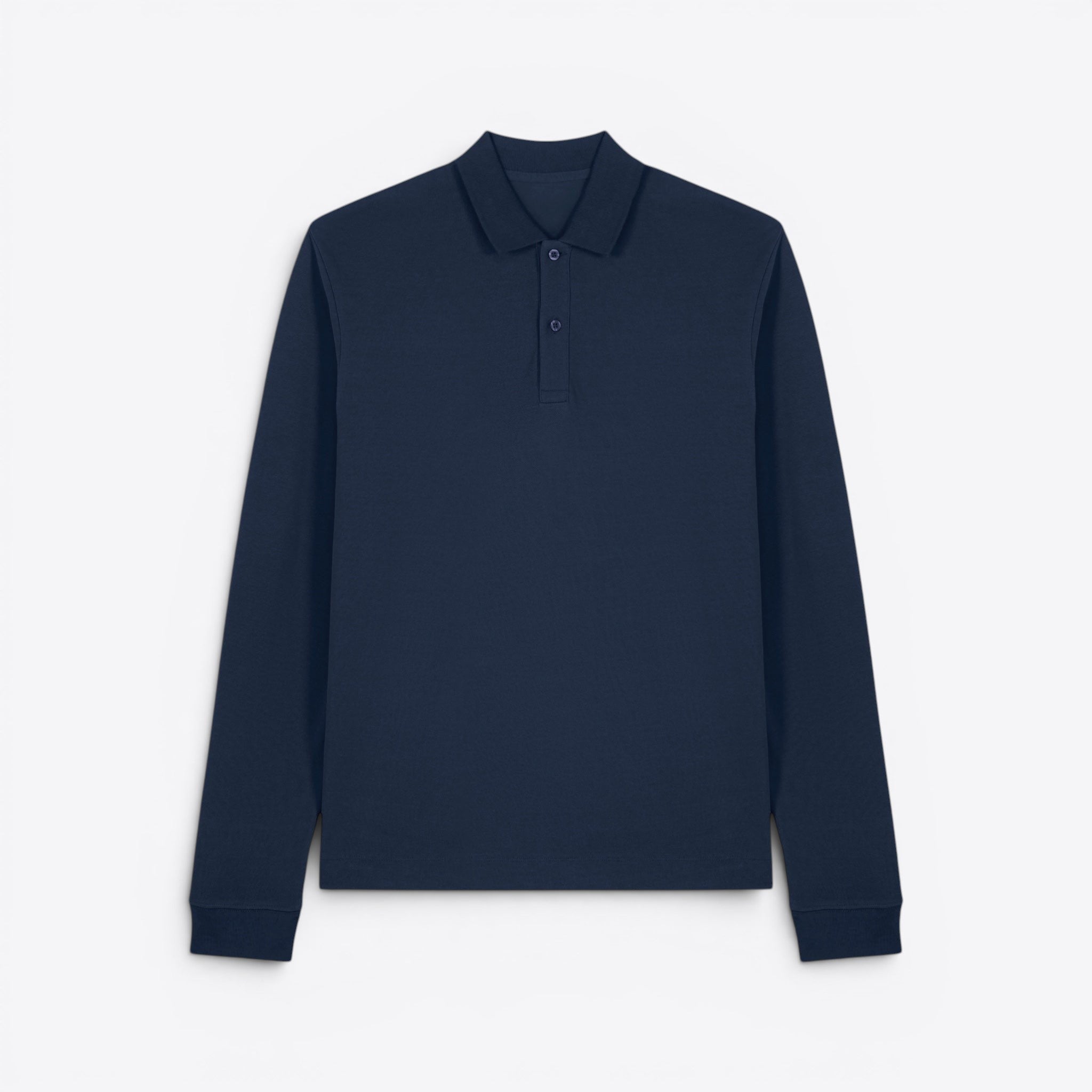 TODAY MERCH navy blue long-sleeve unisex premium polo shirt made from 100% organic cotton.