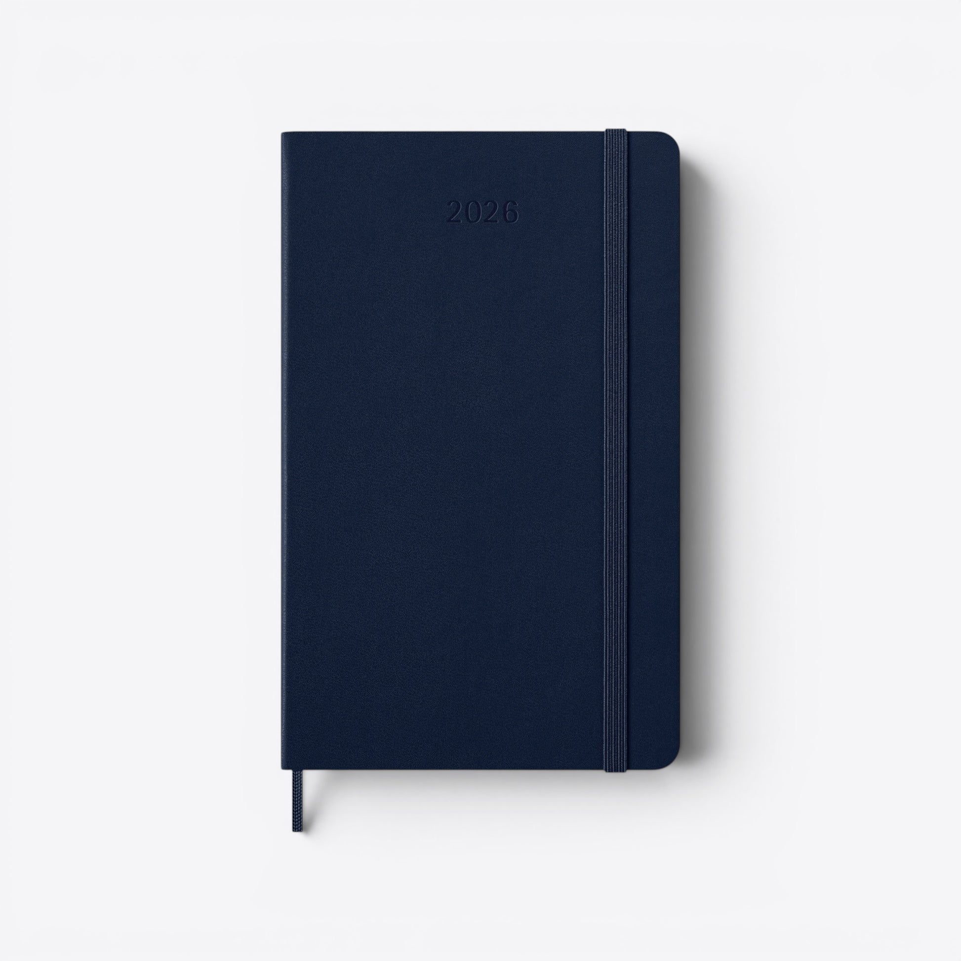 TODAY MERCH navy blue 2026 Moleskine planner with elastic closure and bookmark ribbon.