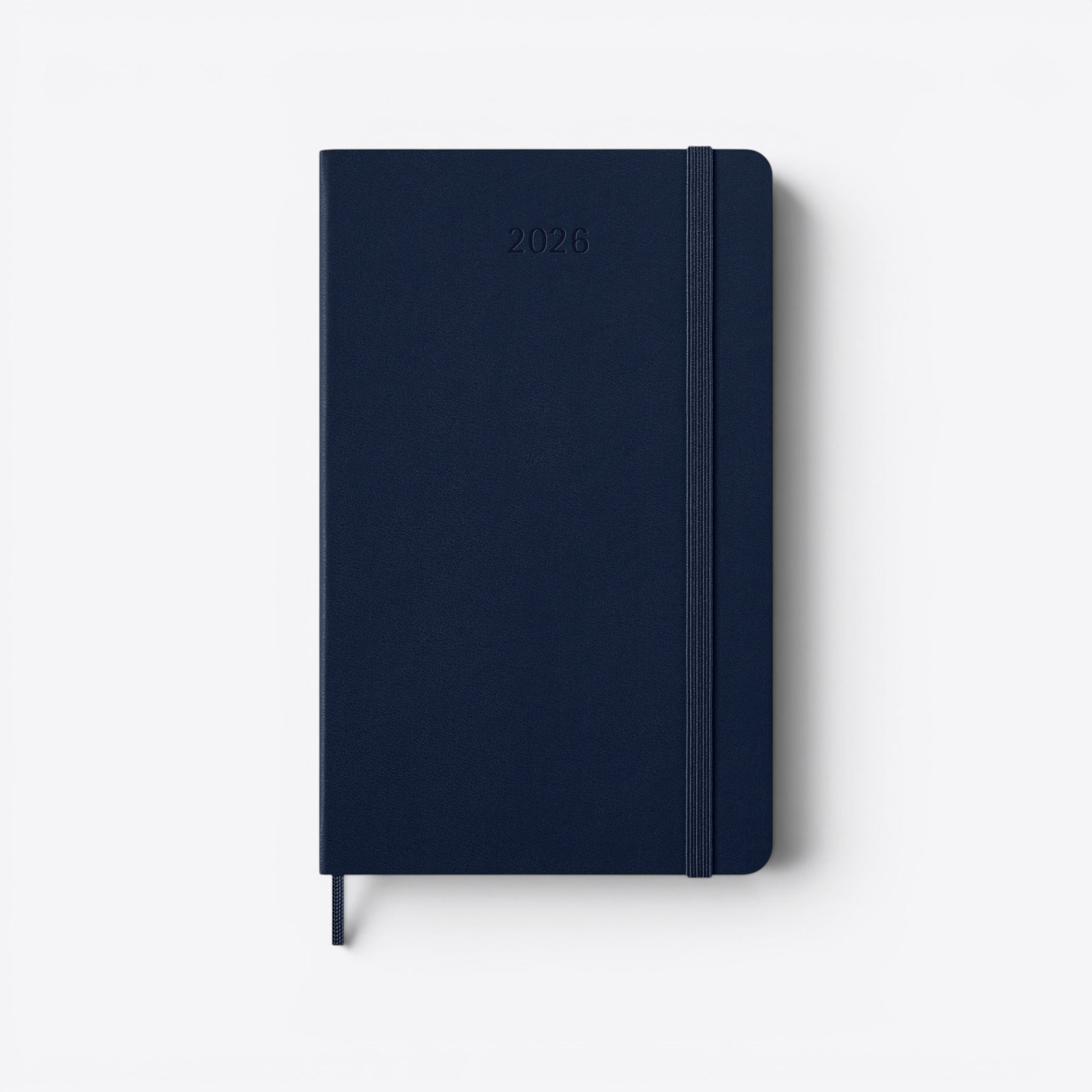 TODAY MERCH navy blue 2026 Moleskine planner with elastic closure and bookmark ribbon.