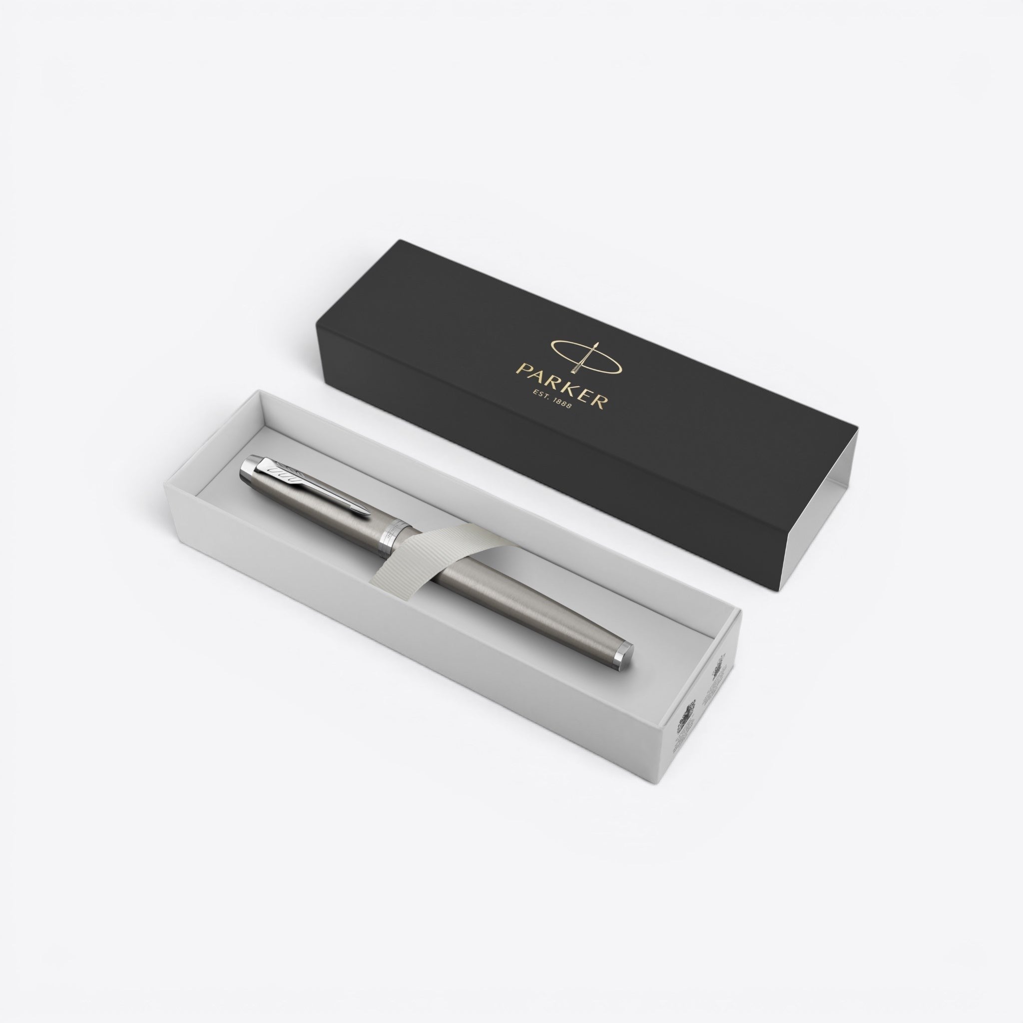 TODAY MERCH Parker fountain pen in brushed grey metal with silver clip, presented in a grey insert within a black Parker gift box.