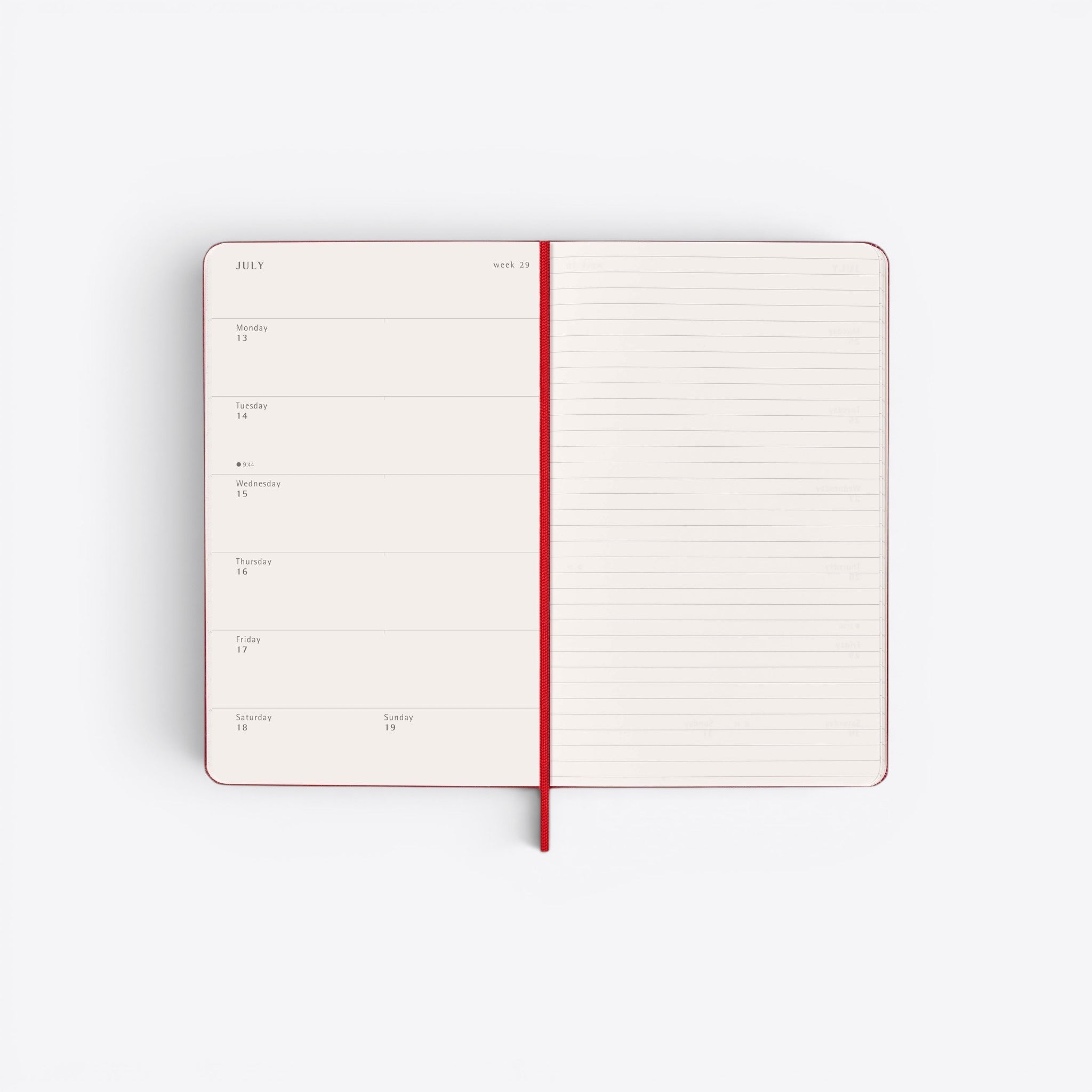 TODAY MERCH Moleskine weekly planner agenda, red cover, July week 29, with lined pages and red bookmark ribbon.