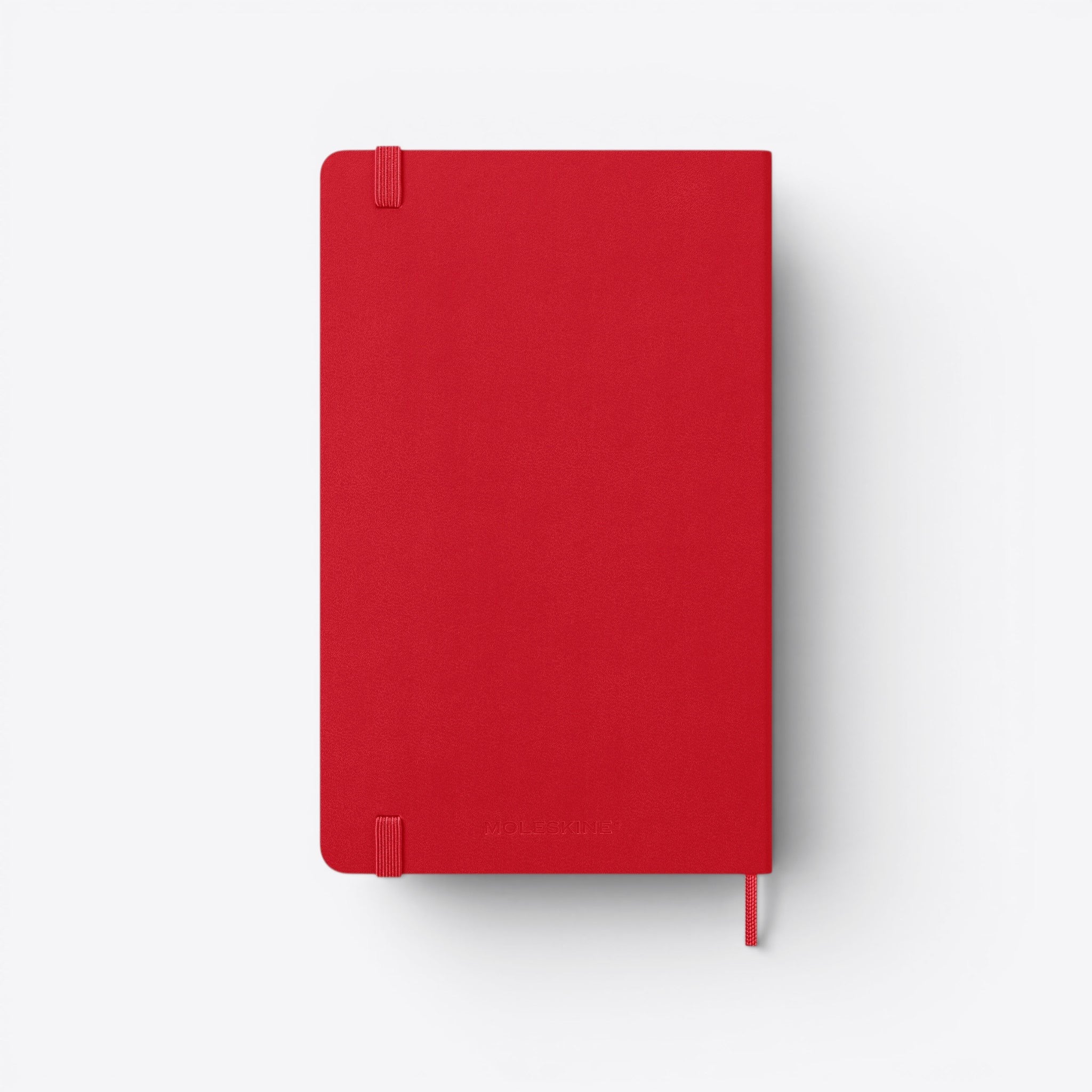 TODAY MERCH red Moleskine planner with elastic closure and bookmark ribbon. Professional and durable design.