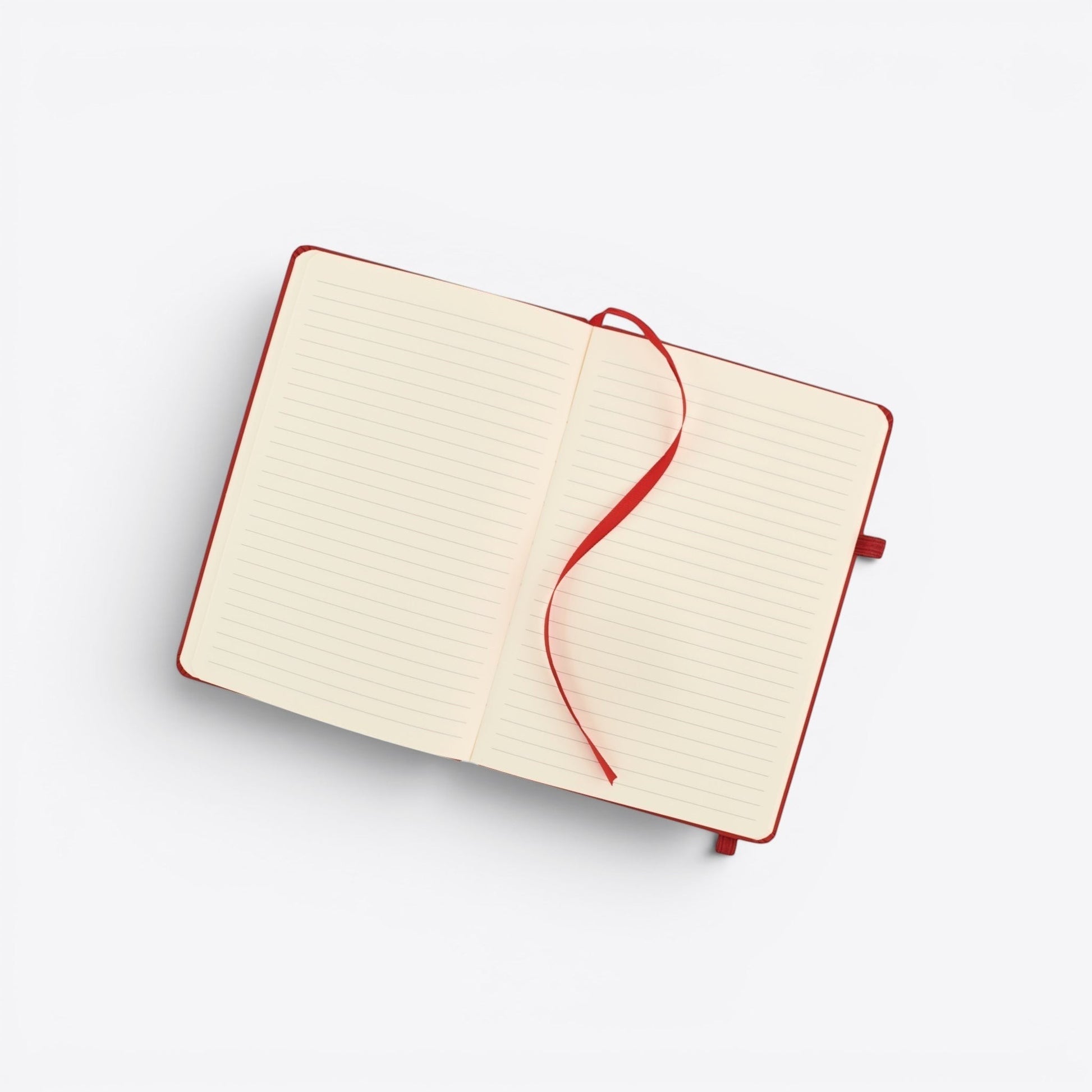 TODAY MERCH red notebook with pen loop and red ribbon bookmark, lined cream pages.