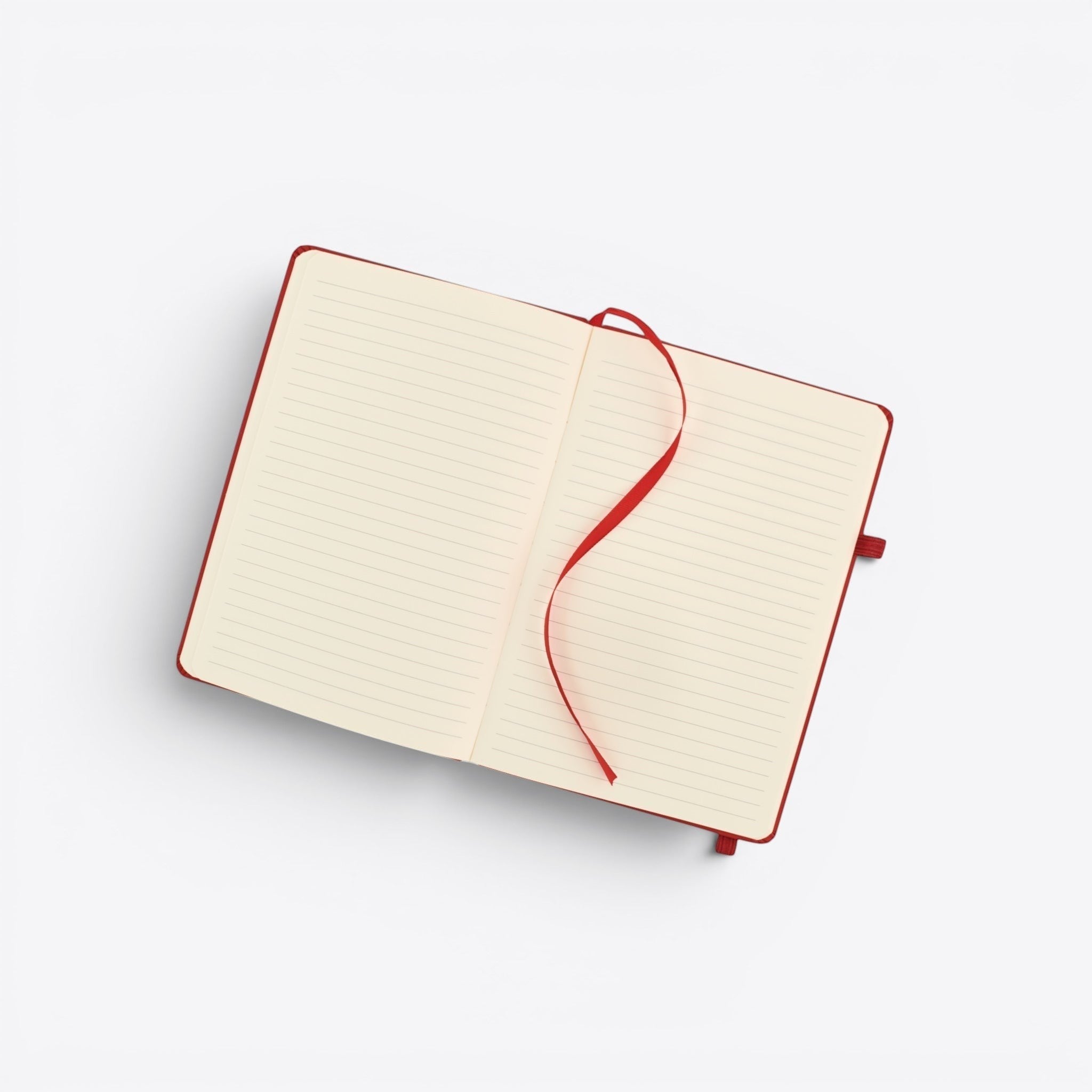 TODAY MERCH red notebook with pen loop and red ribbon bookmark, lined cream pages.