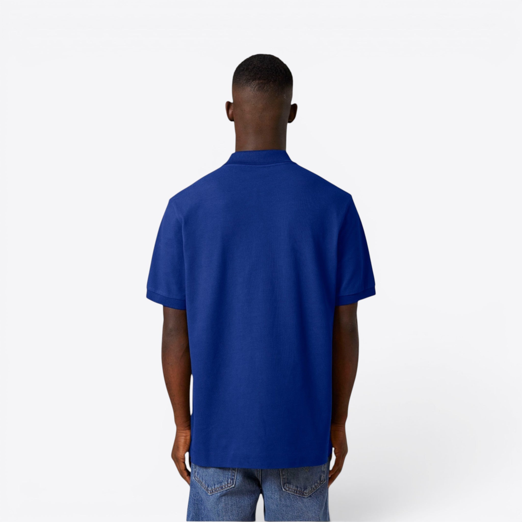 TODAY MERCH royal blue organic cotton pique polo shirt, short sleeves, unisex fit, back view.