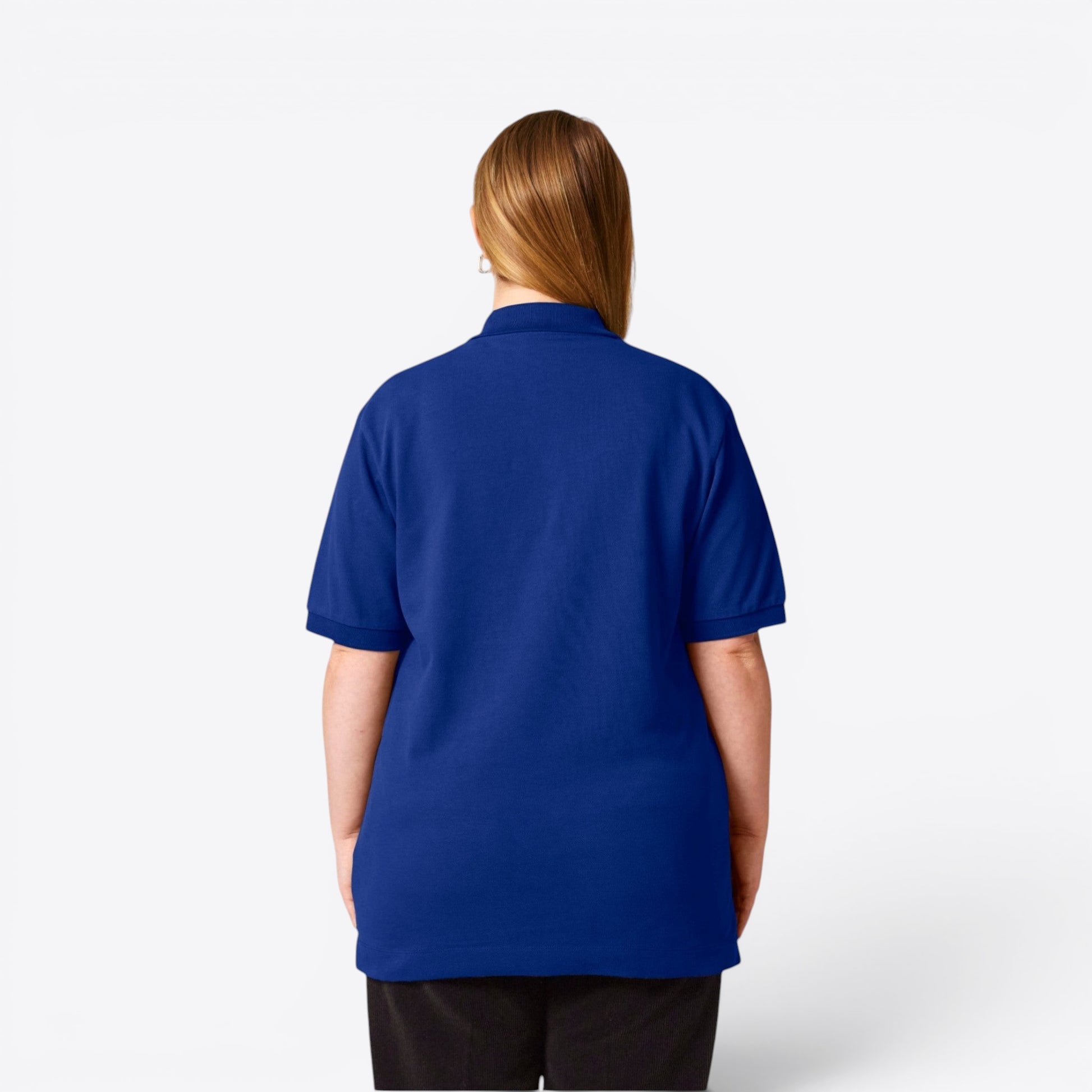 TODAY MERCH unisex premium short-sleeve polo shirt in royal blue, made from organic cotton pique.
