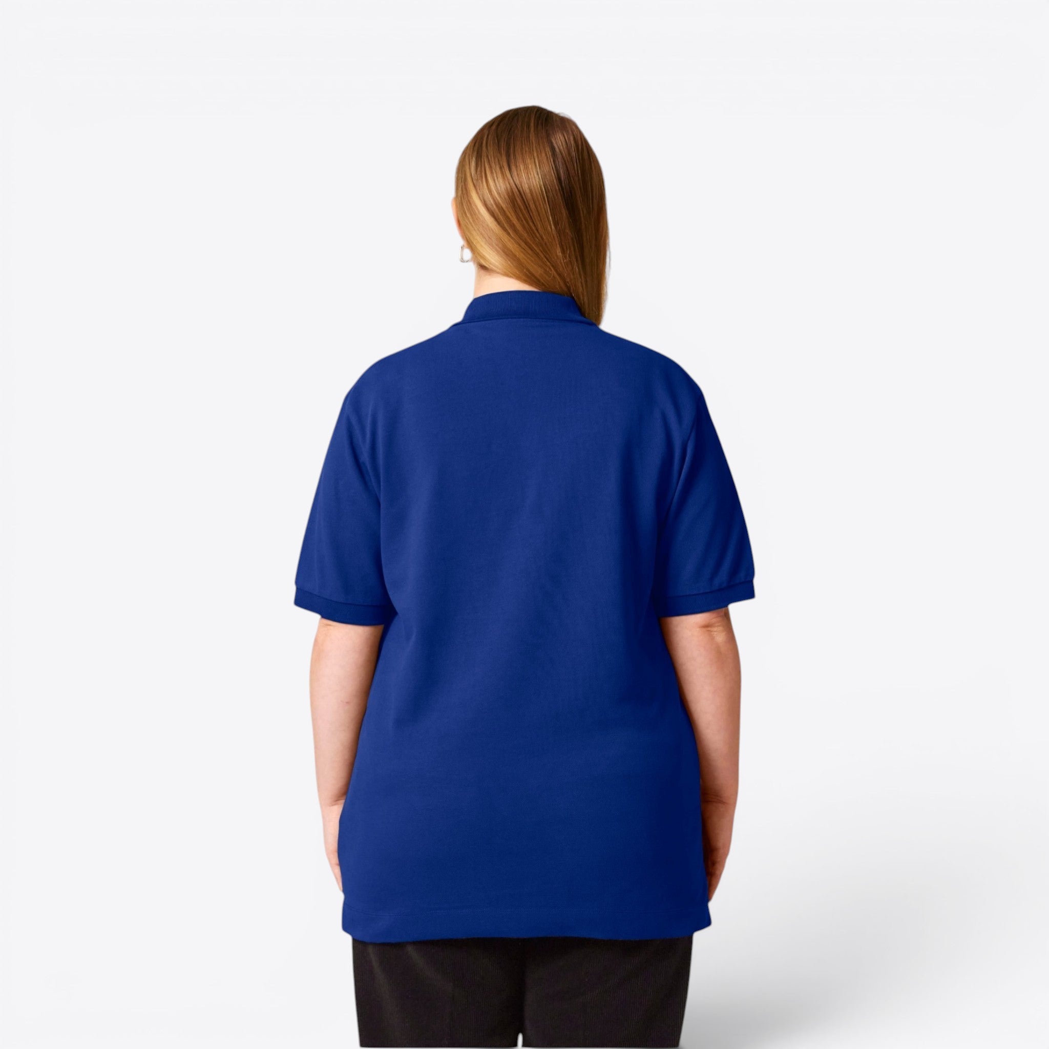 TODAY MERCH unisex premium short-sleeve polo shirt in royal blue, made from organic cotton pique.