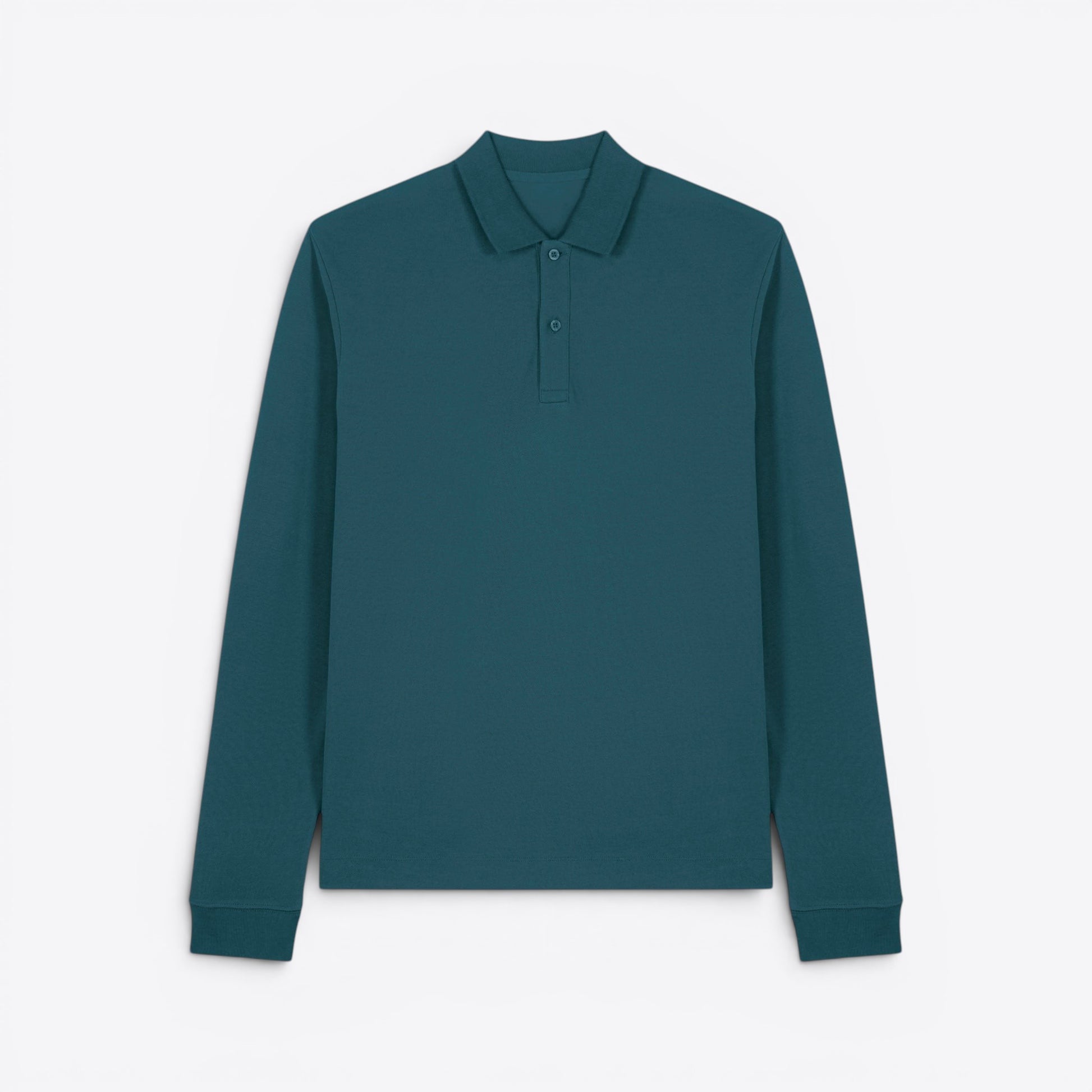 TODAY MERCH teal blue long sleeve unisex premium organic cotton polo shirt with collar and two button placket.