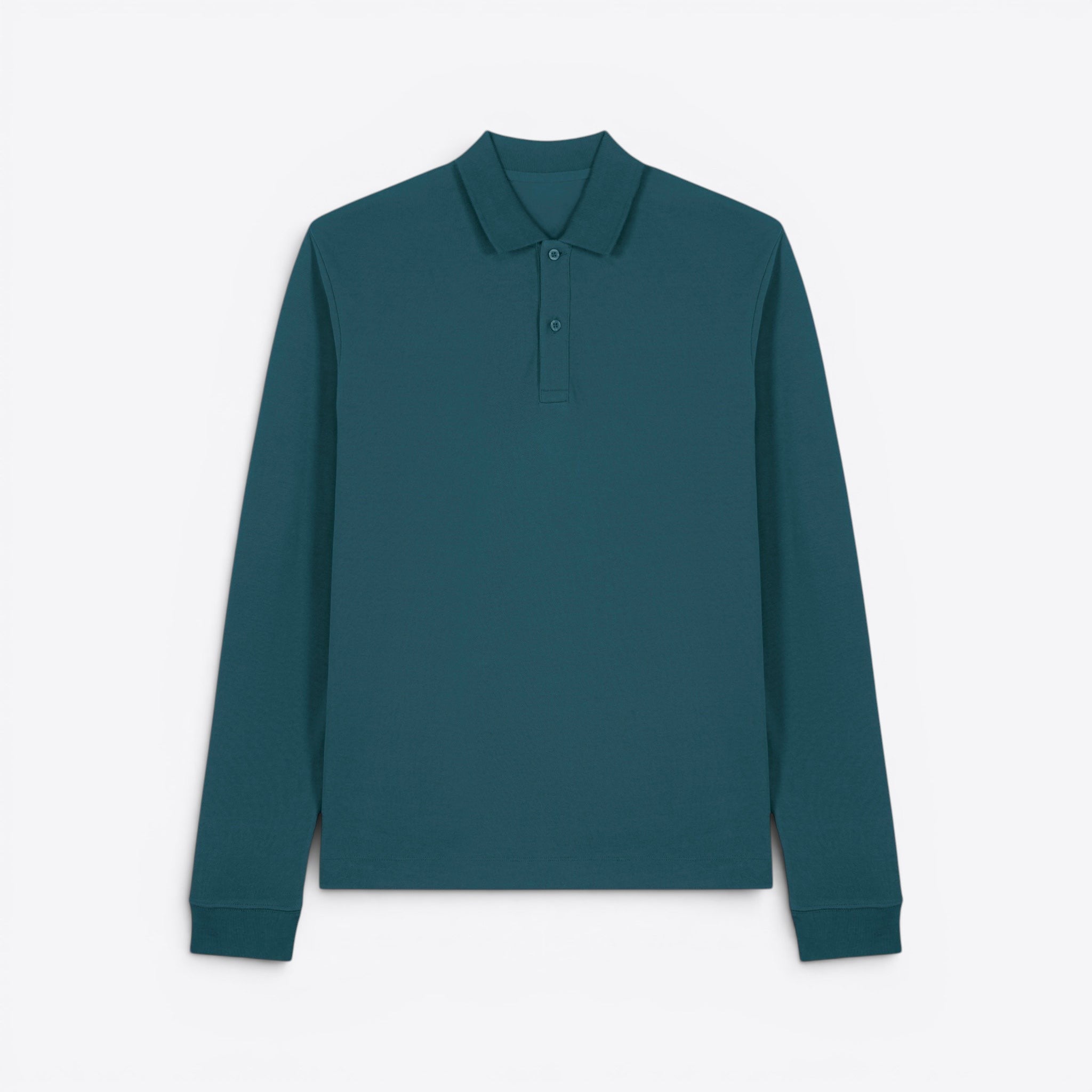TODAY MERCH teal blue long sleeve unisex premium organic cotton polo shirt with collar and two button placket.